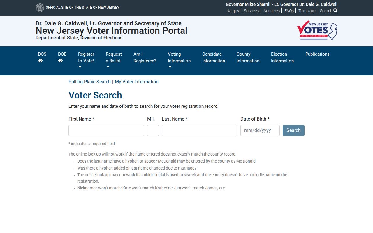 Plainfield residents directory New Jersey voter registration search screen