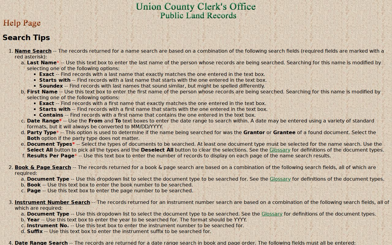 Plainfield street directory reference showing Union County deed-search help fields